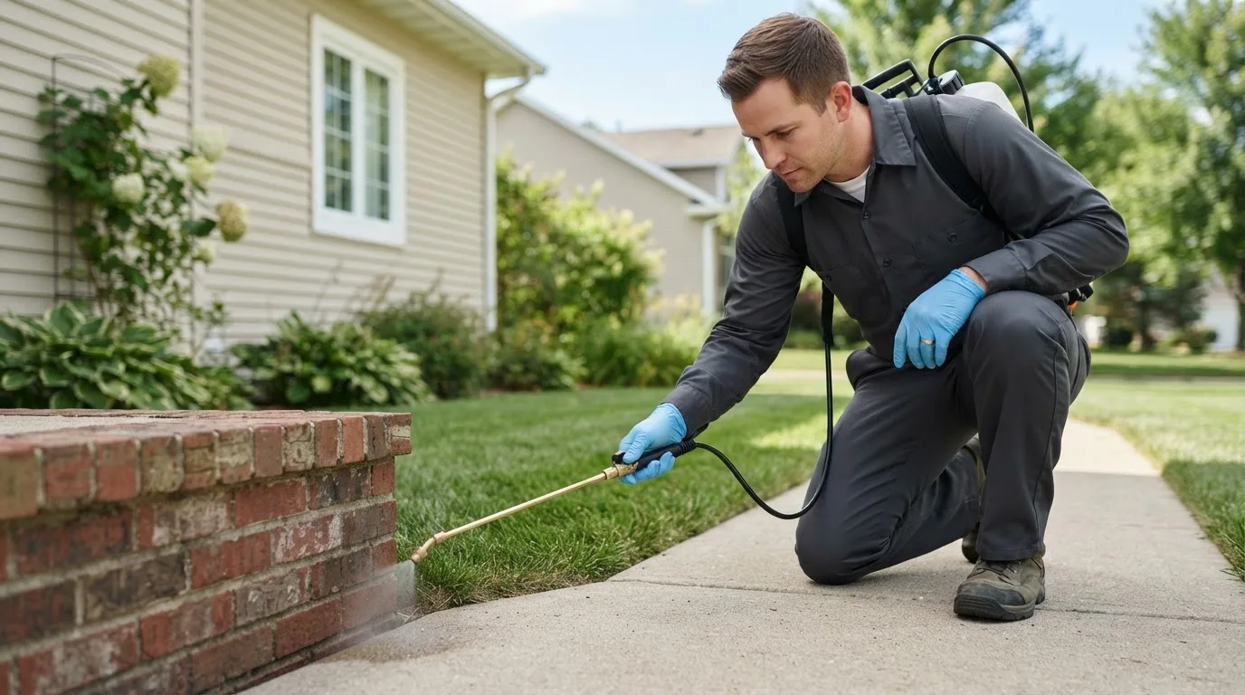 Pest control technician treating a home near Blanco, TX