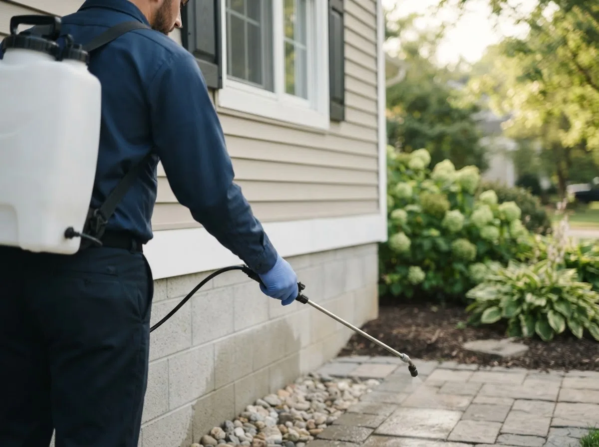 Pest control technician inspecting a home in Blanco, TX